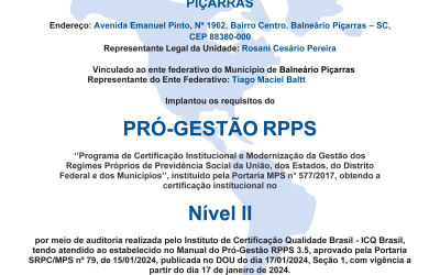 Nos dias 12 e 13 de dezembro de 2024, o Instituto de Previdência Social dos Servidores Públicos do Município de Balneário Piçarras – IPRESP passou por auditoria para avanço ao nível II do Programa de Certificação Institucional e Modernização da Gestão dos Regimes Próprios de Previdência Social